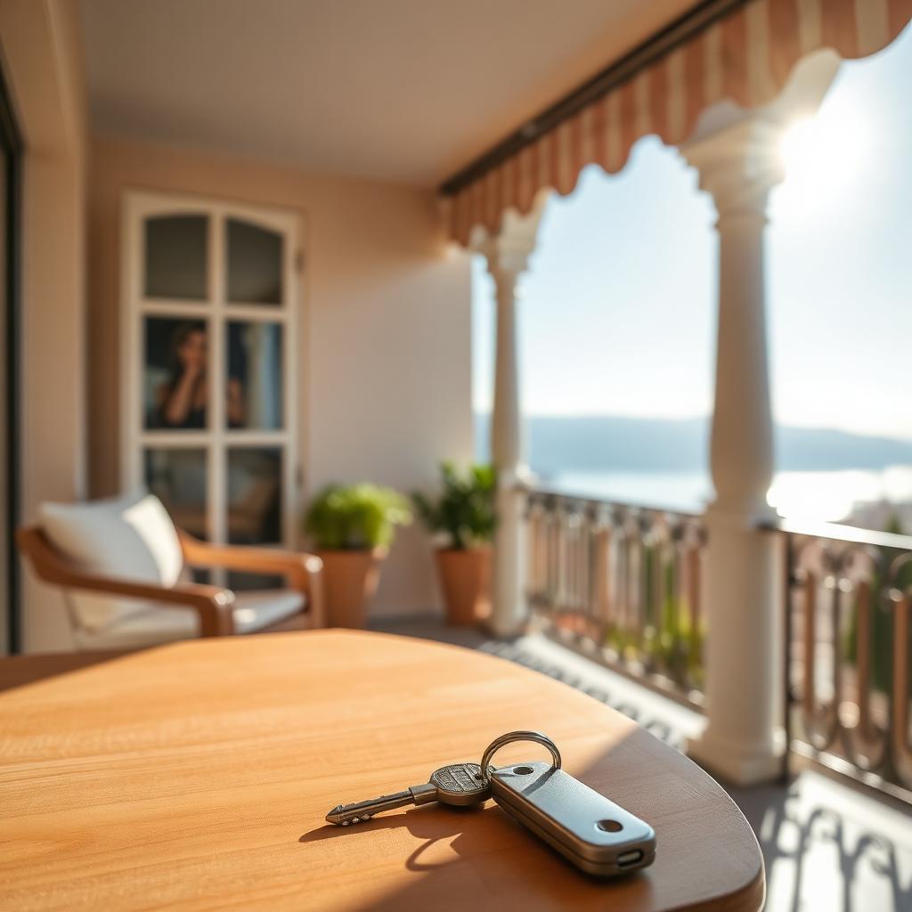 Sunlit Spanish balcony with keys on a wooden table
